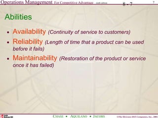 Operations Management For Competitive Advantage
©The McGraw-Hill Companies, Inc., 2001
CHASE AQUILANO JACOBS
ninth edition 7
8 - 7
Abilities
 Availability (Continuity of service to customers)
 Reliability (Length of time that a product can be used
before it fails)
 Maintainability (Restoration of the product or service
once it has failed)
 