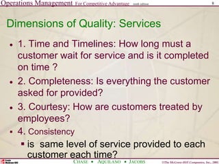 Operations Management For Competitive Advantage
©The McGraw-Hill Companies, Inc., 2001
CHASE AQUILANO JACOBS
ninth edition 8
Dimensions of Quality: Services
 1. Time and Timelines: How long must a
customer wait for service and is it completed
on time ?
 2. Completeness: Is everything the customer
asked for provided?
 3. Courtesy: How are customers treated by
employees?
 4. Consistency
 is same level of service provided to each
customer each time?
 