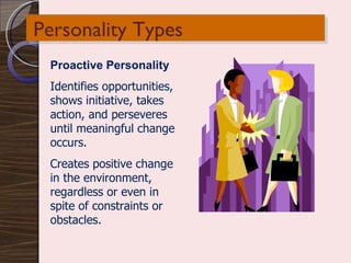 Personality Types Proactive Personality Identifies opportunities, shows initiative, takes action, and perseveres until meaningful change occurs.  Creates positive change in the environment, regardless or even in spite of constraints or obstacles. 