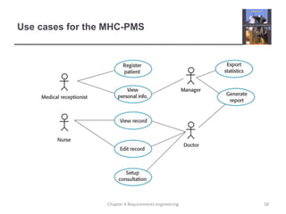 Use cases for the MHC-PMS
58Chapter 4 Requirements engineering
 