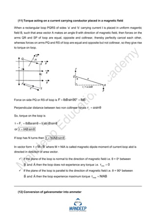 (11) Torque acting on a current carrying conductor placed in a magnetic field
When a rectangular loop PQRS of sides ‘a’ and ‘b’ carrying current I is placed in uniform magentic
field B, such that area vector A makes an angle θ with direction of magnetic field, then forces on the
arms QR and SP of loop are equal, opposite and collinear, thereby perfectly cancel each other,
whereas forces on arms PQ and RS of loop are equal and opposite but not collinear, so they give rise
to torque on loop.
Force on side PQ or RS of loop is
o
F IbBsin90 IbB
 
Perpendicular distance between two non collinear forces r asinθ
 
So, torque on the loop is
 
τ F IbBasinθ I ab Bsinθ
or τ IABsinθ

  

If loop has N turns then τ NIAB sinθ
 .
In vector form τ M B
 
 
where M = NIA is called magnetic dipole moment of current loop abd is
directed in direction of area vector.
 If the plane of the loop is normal to the direction of magnetic field i.e. θ = 0o
between
B and A
 
then the loop does not experience any torque i.e. min
τ 0

 If the plane of the loop is parallel to the direction of magnetic field i.e. θ = 90o
between
B and A
 
then the loop experience maximum torque max
τ NIAB

_________________________________________________________________________
(12) Conversion of galvanometer into ammeter
 