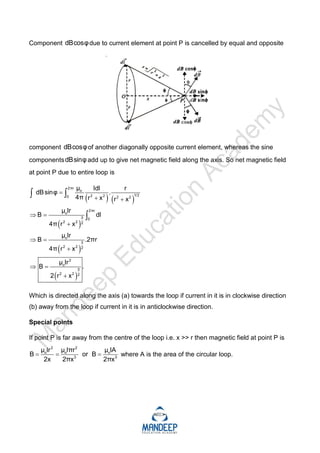 Component dBcosφdue to current element at point P is cancelled by equal and opposite
component dBcosφof another diagonally opposite current element, whereas the sine
componentsdBsinφadd up to give net magnetic field along the axis. So net magnetic field
at point P due to entire loop is
   
 
 
 
2πr
o
1/2
2 2
0 2 2
2πr
o
3 0
2 2 2
o
3
2 2 2
2
o
3
2 2 2
μ Idl r
dBsinφ .
4π r x r x
μ Ir
B dl
4π r x
μ Ir
B .2πr
4π r x
μ Ir
B .
2 r x

 
 

 

 

 

Which is directed along the axis (a) towards the loop if current in it is in clockwise direction
(b) away from the loop if current in it is in anticlockwise direction.
Special points
If point P is far away from the centre of the loop i.e. x >> r then magnetic field at point P is
2 2
o o o
3 3
μ Ir μ Iπr μ IA
B or B
2x 2πx 2πx
   where A is the area of the circular loop.
 