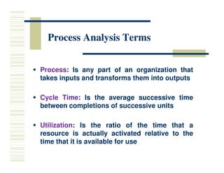 Process Analysis Terms
Process Analysis Terms

 Process
Process:
: Is
Is any
any part
part of
of an
an organization
organization that
that
takes
takes inputs
inputs and
and transforms
transforms them
them into
into outputs
outputs

 Cycle
Cycle Time
Time:
: Is
Is the
the average
average successive
successive time
time
between
between completions
completions of
of successive
successive units
units

 Utilization
Utilization:
: Is
Is the
the ratio
ratio of
of the
the time
time that
that a
a
resource
resource is
is actually
actually activated
activated relative
relative to
to the
the
time
time that
that it
it is
is available
available for
for use
use
 