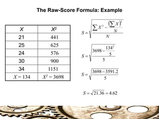 The Raw-Score Formula: Example
 
N
N
X
X
S




2
2
X X2
21
25
24
30
34
X = 134
441
625
576
900
1151
X2 = 3698
5
5
134
3698
2


S
5
2
.
3591
3698

S
62
.
4
36
.
21 

S
 