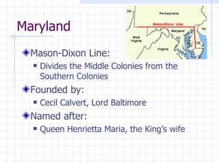 Maryland Mason-Dixon Line: Divides the Middle Colonies from the Southern Colonies Founded by: Cecil Calvert, Lord Baltimore Named after: Queen Henrietta Maria, the King’s wife