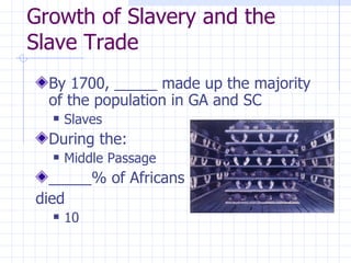 Growth of Slavery and the Slave Trade By 1700, _____ made up the majority of the population in GA and SC Slaves During the: Middle Passage _____% of Africans died 10