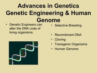 Advances in Genetics
Genetic Engineering & Human
Genome
• Genetic Engineers can
alter the DNA code of
living organisms.
• Selective Breeding
• Recombinant DNA
• Cloning
• Transgenic Organisms
• Human Genome
 