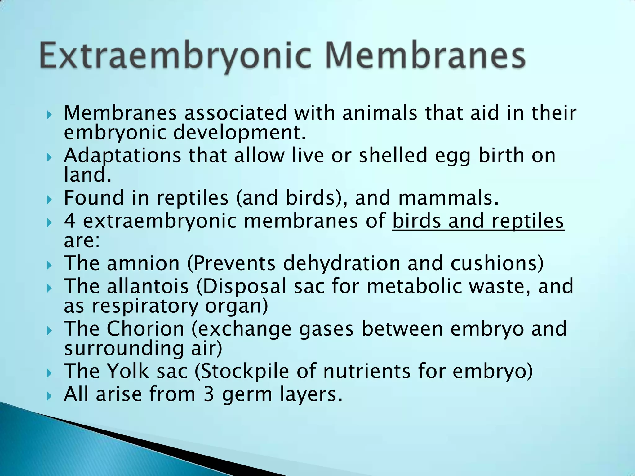 Membranes associated with animals that aid in their embryonic development.Adaptations that allow live or shelled egg birth on land.Found in reptiles (and birds), and mammals.4 extraembryonic membranes of birds and reptiles are:The amnion (Prevents dehydration and cushions)The allantois (Disposal sac for metabolic waste, and as respiratory organ)The Chorion (exchange gases between embryo and surrounding air)The Yolk sac (Stockpile of nutrients for embryo)All arise from 3 germ layers.Extraembryonic Membranes