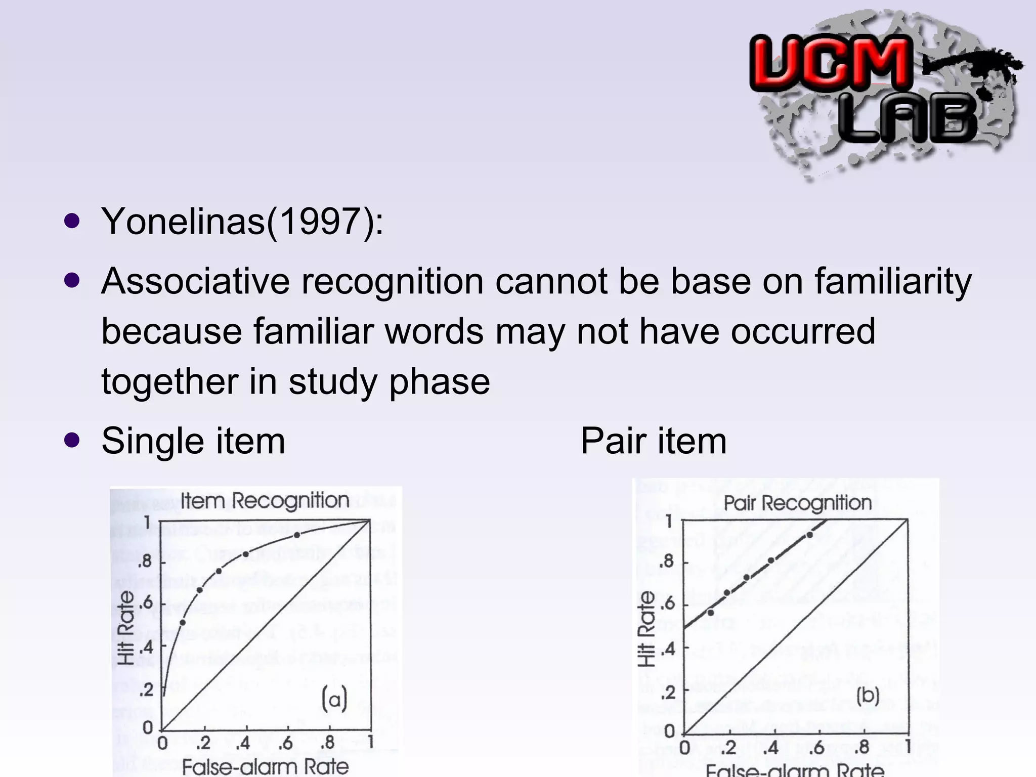 Yonelinas(1997): Associative recognition cannot be base on familiarity because familiar words may not have occurred together in study phase Single item Pair item 