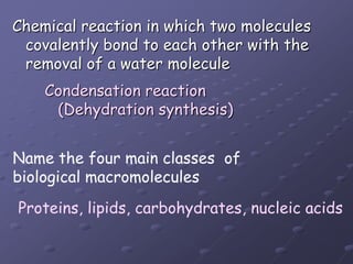 Chemical reaction in which two molecules covalently bond to each other with the removal of a water moleculeCondensation reaction (Dehydration synthesis)Name the four main classes  ofbiological macromoleculesProteins, lipids, carbohydrates, nucleic acids