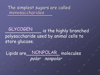 The simplest sugars are called________________monosaccharidesGLYCOGEN_____________ is the highly branchedpolysaccharide used by animal cells tostore glucose. NONPOLARLipids are____________ moleculespolar   nonpolar