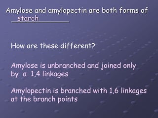 Amylose and amylopectin are both forms of _____________starchHow are these different?Amylose is unbranched and joined onlyby  α  1,4 linkagesAmylopectin is branched with 1,6 linkagesat the branch points