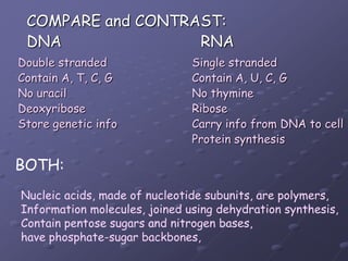 COMPARE and CONTRAST:DNA				RNADouble stranded			Single strandedContain A, T, C, G			Contain A, U, C, GNo uracil				No thymineDeoxyribose				Ribose Store genetic info			Carry info from DNA to cell						Protein synthesisBOTH:Nucleic acids, made of nucleotide subunits, are polymers,Information molecules, joined using dehydration synthesis,Contain pentose sugars and nitrogen bases, have phosphate-sugar backbones,