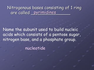 Nitrogenous bases consisting of 1 ringare called _______________pyrimidinesName the subunit used to build nucleic acids which consists of a pentose sugar, nitrogen base, and a phosphate group.nucleotide