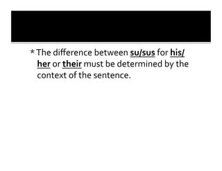 *	
  The	
  diﬀerence	
  between	
  su/sus	
  for	
  his/
     her	
  or	
  their	
  must	
  be	
  determined	
  by	
  the	
  
     context	
  of	
  the	
  sentence.	
  
 