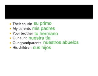   Their	
  cousin	
   su primo
  My	
  parents	
   mis padres
  Your	
  brother	
   tu hermano
  Our	
  aunt	
   nuestra tía
  Our	
  grandparents	
   nuestros   abuelos
  His	
  children	
  	
  sus hijos
 