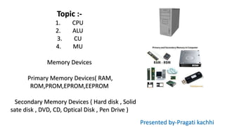 Topic :-
1. CPU
2. ALU
3. CU
4. MU
Memory Devices
Primary Memory Devices( RAM,
ROM,PROM,EPROM,EEPROM
Secondary Memory Devices ( Hard disk , Solid
sate disk , DVD, CD, Optical Disk , Pen Drive )
Presented by-Pragati kachhi
 