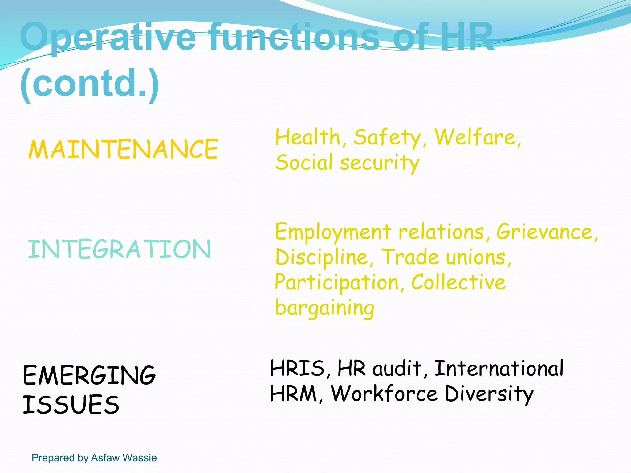 Prepared by Asfaw Wassie
Operative functions of HR
(contd.)
MAINTENANCE
Health, Safety, Welfare,
Social security
INTEGRATION
Employment relations, Grievance,
Discipline, Trade unions,
Participation, Collective
bargaining
EMERGING
ISSUES
HRIS, HR audit, International
HRM, Workforce Diversity
 