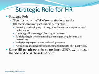 Prepared by Asfaw Wassie
Strategic Role for HR
 Strategic Role
 “Contributing at the Table” to organizational results
 ...