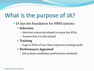 Prepared by Asfaw Wassie
What is the purpose of JA?
 JA lays the foundation for HRM systems:
 Selection
 Selection syst...