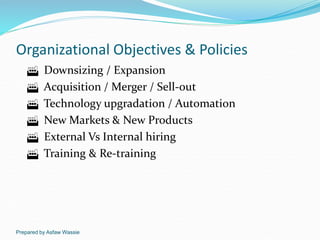Prepared by Asfaw Wassie
Organizational Objectives & Policies
 Downsizing / Expansion
 Acquisition / Merger / Sell-out
...