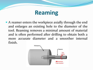 Reaming
 A reamer enters the workpiece axially through the end
and enlarges an existing hole to the diameter of the
tool. Reaming removes a minimal amount of material
and is often performed after drilling to obtain both a
more accurate diameter and a smoother internal
finish.
 