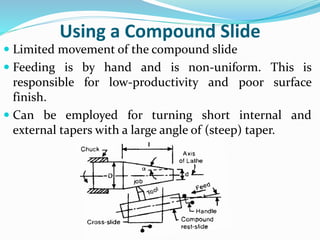 Using a Compound Slide
 Limited movement of the compound slide
 Feeding is by hand and is non-uniform. This is
responsible for low-productivity and poor surface
finish.
 Can be employed for turning short internal and
external tapers with a large angle of (steep) taper.
 