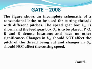 GATE – 2008
The figure shows an incomplete schematic of a
conventional lathe to be used for cutting threads
with different pitches. The speed gear box Uv, is
shown and the feed gear box Us, is to be placed. P, Q.
R and S denote locations and have no other
significance. Changes in Uv, should NOT affect the
pitch of the thread being cut and changes in Us,
should NOT affect the cutting speed.
Contd…..
 