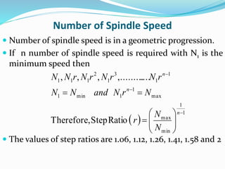 Number of Spindle Speed
 Number of spindle speed is in a geometric progression.
 If n number of spindle speed is required with N1 is the
minimum speed then
 The values of step ratios are 1.06, 1.12, 1.26, 1.41, 1.58 and 2
 
1
1
min
max
max
1
1min1
1
1
3
1
2
111
RatioStepTherefore,
....,.........,,,











n
n
n
N
N
r
NrNandNN
rNrNrNrNN
 