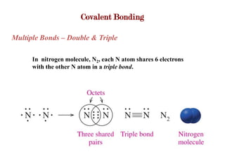 Covalent Bonding

Multiple Bonds – Double & Triple

      In nitrogen molecule, N2, each N atom shares 6 electrons
      with the other N atom in a triple bond.
 