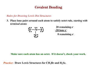 Covalent Bonding

  Rules for Drawing Lewis Dot Structures
  3. Place lone pairs around each atom to satisfy octet rule, starting with
     terminal atoms
                                             20 remaining e-
                      F N F                 -20 lone e-
                          F                   0 remaining e-




     Make sure each atom has an octet. If it doesn’t, check your work.


Practice: Draw Lewis Structures for CH3Br and H2Se.
 