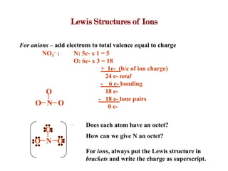 Lewis Structures of Ions

For anions – add electrons to total valence equal to charge
        NO3– :      N: 5e- x 1 = 5
                    O: 6e- x 3 = 18
                               + 1e- (b/c of ion charge)
                                24 e- total
                               - 6 e- bonding
         O                      18 e-
                              - 18 e- lone pairs
     O N O                        0 e-

                   –     Does each atom have an octet?
         O
                         How can we give N an octet?
     O N O
                         For ions, always put the Lewis structure in
                         brackets and write the charge as superscript.
 