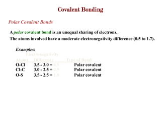 Covalent Bonding
Polar Covalent Bonds

A polar covalent bond is an unequal sharing of electrons.
The atoms involved have a moderate electronegativity difference (0.5 to 1.7).

   Examples:
        Electronegativity
   Atoms Difference           Type of Bond
   O-Cl     3.5 - 3.0 = 0.5      Polar covalent
   Cl-C     3.0 - 2.5 = 0.5      Polar covalent
   O-S      3.5 - 2.5 = 1.0      Polar covalent
 