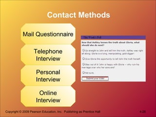 Copyright © 2009 Pearson Education, Inc. Publishing as Prentice Hall 4-26
Contact Methods
Mail Questionnaire
Telephone
Interview
Personal
Interview
Online
Interview
 