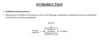 INTRODUCTION
 Definition of measurement:
• Measurement is defined as the process or the act of obtaining a quantitative comparison between a predefined
standard and an unknown magnitude.
 