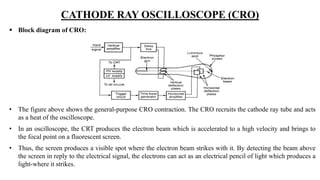 CATHODE RAY OSCILLOSCOPE (CRO)
 Block diagram of CRO:
• The figure above shows the general-purpose CRO contraction. The CRO recruits the cathode ray tube and acts
as a heat of the oscilloscope.
• In an oscilloscope, the CRT produces the electron beam which is accelerated to a high velocity and brings to
the focal point on a fluorescent screen.
• Thus, the screen produces a visible spot where the electron beam strikes with it. By detecting the beam above
the screen in reply to the electrical signal, the electrons can act as an electrical pencil of light which produces a
light-where it strikes.
 