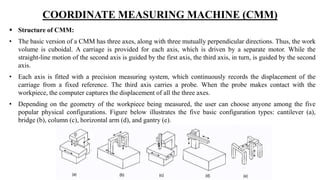 COORDINATE MEASURING MACHINE (CMM)
 Structure of CMM:
• The basic version of a CMM has three axes, along with three mutually perpendicular directions. Thus, the work
volume is cuboidal. A carriage is provided for each axis, which is driven by a separate motor. While the
straight-line motion of the second axis is guided by the first axis, the third axis, in turn, is guided by the second
axis.
• Each axis is fitted with a precision measuring system, which continuously records the displacement of the
carriage from a fixed reference. The third axis carries a probe. When the probe makes contact with the
workpiece, the computer captures the displacement of all the three axes.
• Depending on the geometry of the workpiece being measured, the user can choose anyone among the five
popular physical configurations. Figure below illustrates the five basic configuration types: cantilever (a),
bridge (b), column (c), horizontal arm (d), and gantry (e).
 