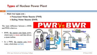 Types of Nuclear Power Plant
29 March 2024
MfM, Agro-Technical and Technology College
12
 Main two types are :
◼ Pressurized Water Reactor (PWR)
◼ Boiling Water Reactor (BWR)
The main difference between a BWR
and PWR is that in a
• BWR, the reactor core heats water,
which turns to steam and then drives
a steam turbine.
• In a PWR, the reactor core heats
water, which does not boil.
 
