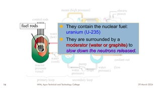 control rods
reactor
pressure
vessel
water
(cool)
water
(hot)
water (high
pressure)
water (low
pressure)
coolant out
coolant in
steam condenser
steam (low
pressure)
turbine
electric
power
steam
generator
steam (high pressure)
pump
primary loop secondary loop
fuel rods ◆ They contain the nuclear fuel:
uranium (U-235)
◆ They are surrounded by a
moderator (water or graphite) to
slow down the neutrons released.
29 March 2024
MfM, Agro-Technical and Technology College
16
 
