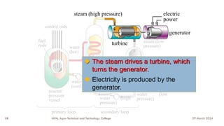 steam
generator
control rods
reactor
pressure
vessel water (high
pressure)
water (low
pressure)
coolant out
coolant in
steam condenser
steam (high pressure)
pump
primary loop secondary loop
fuel
rods
◆ The steam drives a turbine, which
turns the generator.
◆ Electricity is produced by the
generator.
water
(hot)
water
(cool)
steam (low
pressure)
turbine
electric
power
generator
29 March 2024
MfM, Agro-Technical and Technology College
19
 