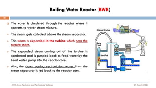 Boiling Water Reactor (BWR)
29 March 2024
MfM, Agro-Technical and Technology College
20
❑ The water is circulated through the reactor where it
converts to water steam mixture.
➢ The steam gets collected above the steam separator.
➢ This steam is expanded in the turbine which turns the
turbine shaft.
➢ The expanded steam coming out of the turbine is
condensed and is pumped back as feed water by the
feed water pump into the reactor core.
➢ Also, the down coming recirculation water from the
steam separator is fed back to the reactor core.
 