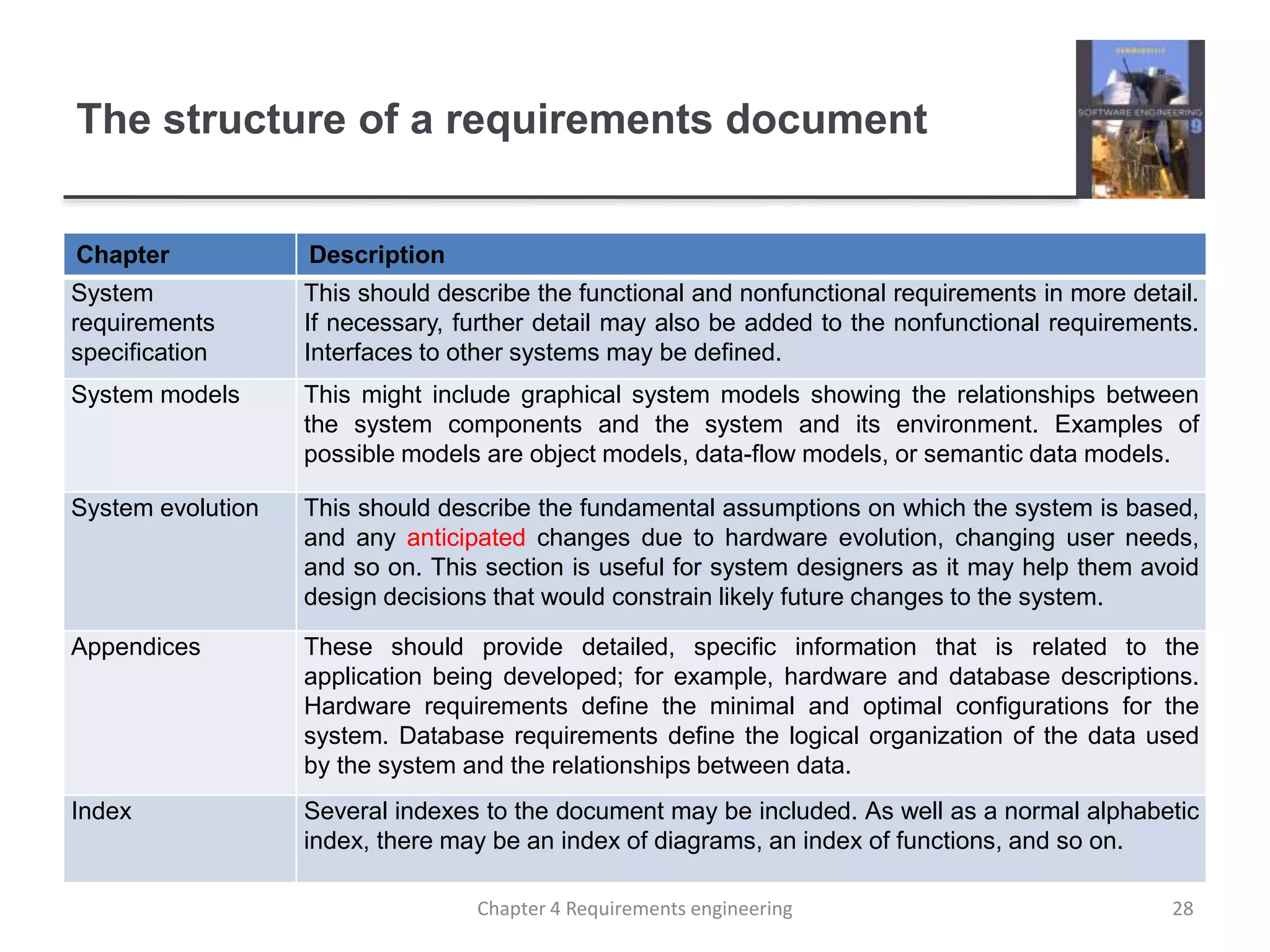 The structure of a requirements document
Chapter Description
System
requirements
specification
This should describe the functional and nonfunctional requirements in more detail.
If necessary, further detail may also be added to the nonfunctional requirements.
Interfaces to other systems may be defined.
System models This might include graphical system models showing the relationships between
the system components and the system and its environment. Examples of
possible models are object models, data-flow models, or semantic data models.
System evolution This should describe the fundamental assumptions on which the system is based,
and any anticipated changes due to hardware evolution, changing user needs,
and so on. This section is useful for system designers as it may help them avoid
design decisions that would constrain likely future changes to the system.
Appendices These should provide detailed, specific information that is related to the
application being developed; for example, hardware and database descriptions.
Hardware requirements define the minimal and optimal configurations for the
system. Database requirements define the logical organization of the data used
by the system and the relationships between data.
Index Several indexes to the document may be included. As well as a normal alphabetic
index, there may be an index of diagrams, an index of functions, and so on.
28Chapter 4 Requirements engineering
 