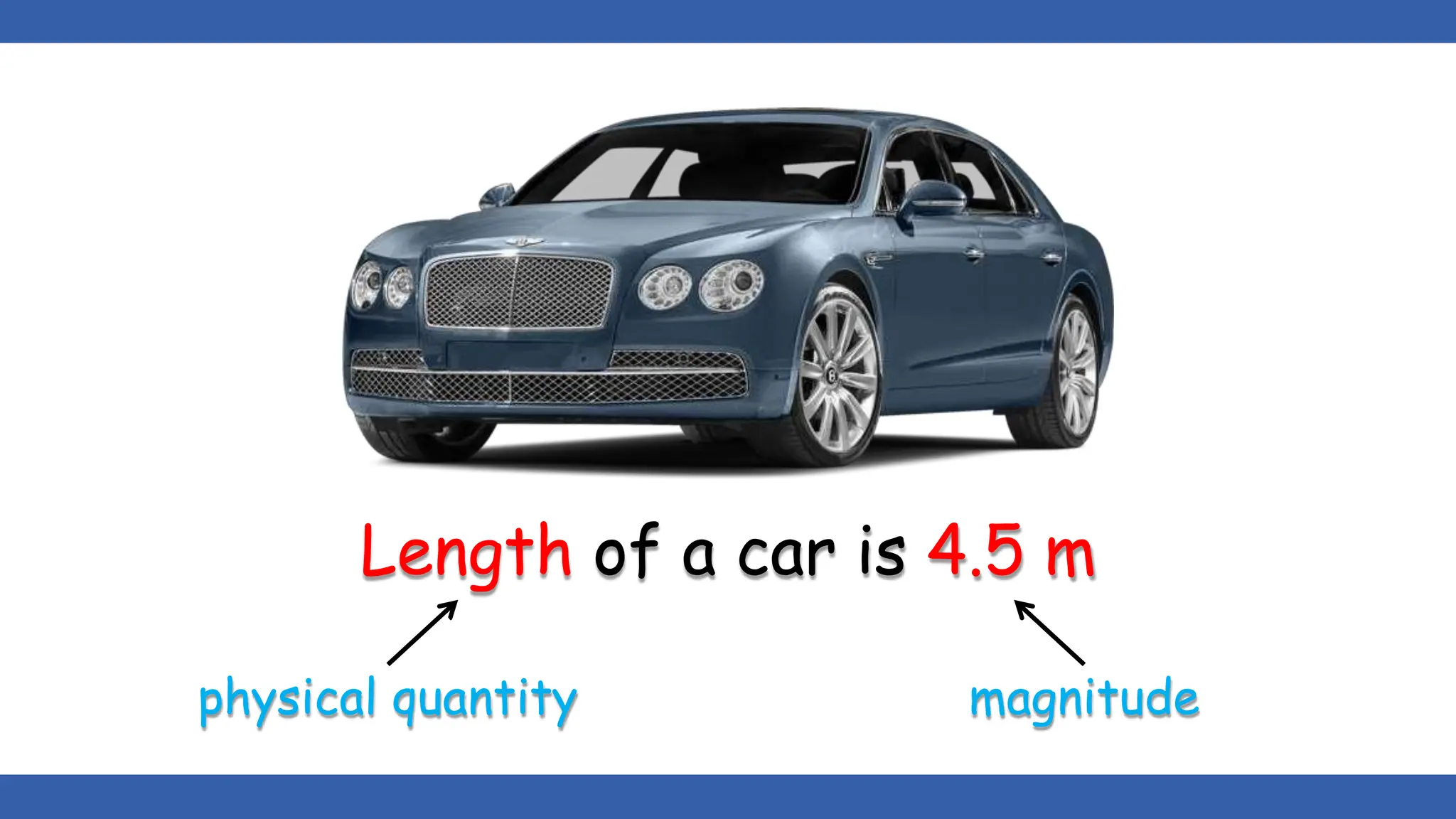 Length of a car is 4.5 m
physical quantity magnitude
 