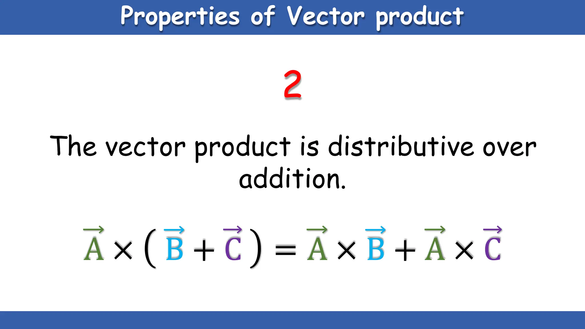 Properties of Vector product
2
The vector product is distributive over
addition.
A × B + C = A × B + A × C
 