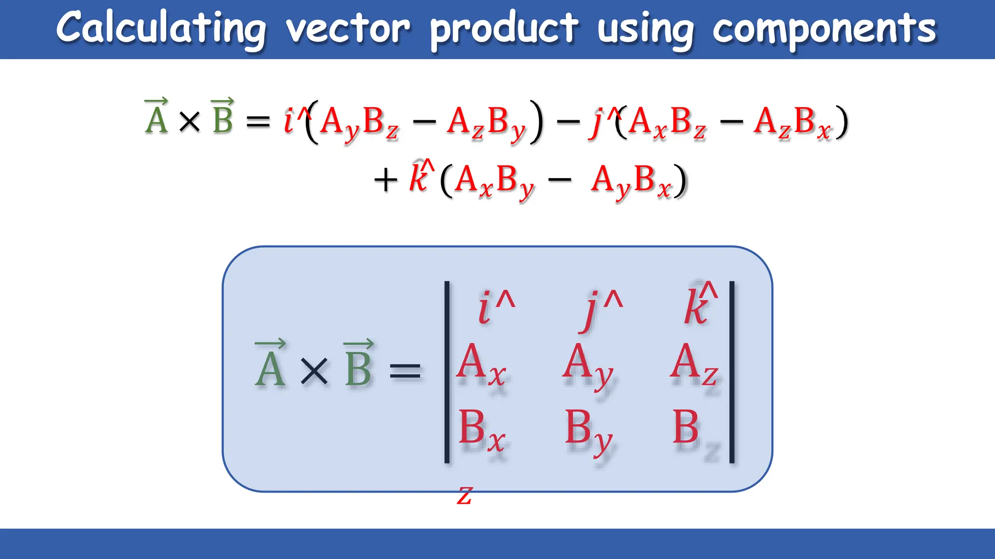 Calculating vector product using components
A × B =
A × B = 𝑖^A𝑦B𝑧 − A𝑧B𝑦 − 𝑗^A𝑥B𝑧 − A𝑧B𝑥
+ 𝑘
^(A𝑥B𝑦 − A𝑦B𝑥)
𝑖^ 𝑗^ 𝑘
^
A𝑥 A𝑦 A𝑧
B𝑥 B𝑦 B
𝑧
 