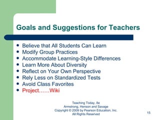 Goals and Suggestions for Teachers Believe that All Students Can Learn Modify Group Practices  Accommodate Learning-Style Differences Learn More About Diversity Reflect on Your Own Perspective Rely Less on Standardized Tests Avoid Class Favorites Project……Wiki Teaching Today, 8e Armstrong, Henson and Savage Copyright © 2009 by Pearson Education, Inc. All Rights Reserved 