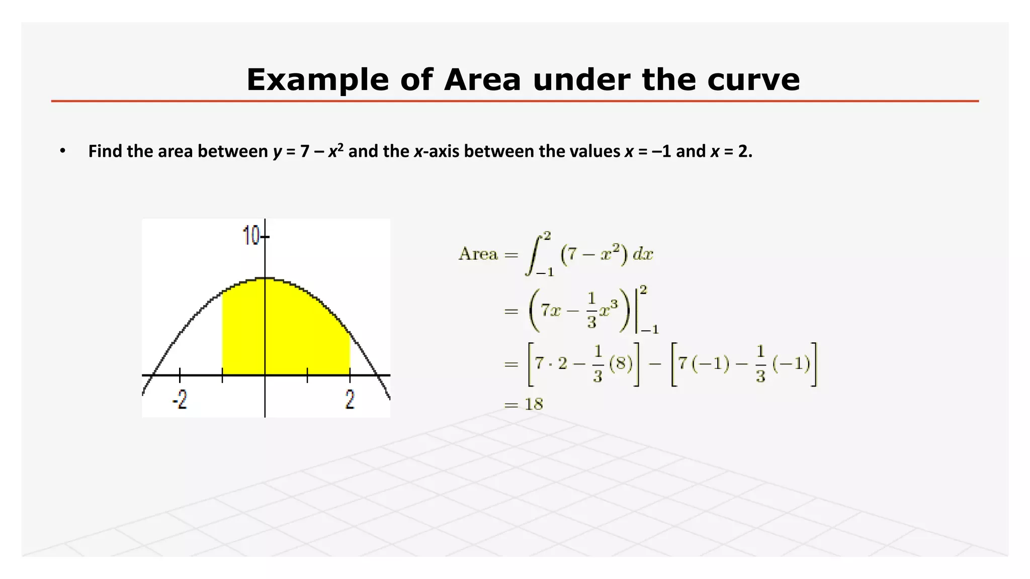 Example of Area under the curve
• Find the area between y = 7 – x2 and the x-axis between the values x = –1 and x = 2.
 