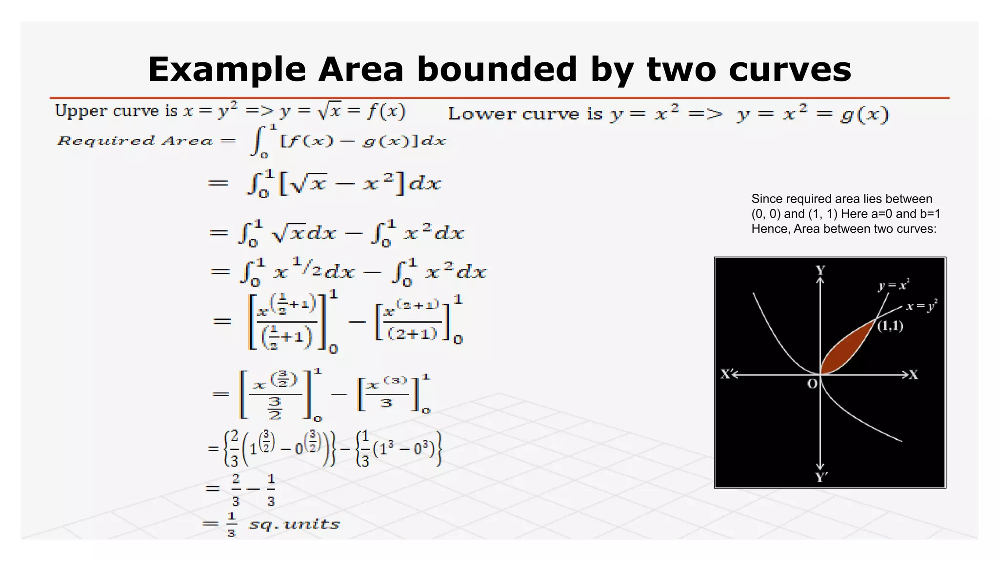 Example Area bounded by two curves
Since required area lies between
(0, 0) and (1, 1) Here a=0 and b=1
Hence, Area between two curves:
 