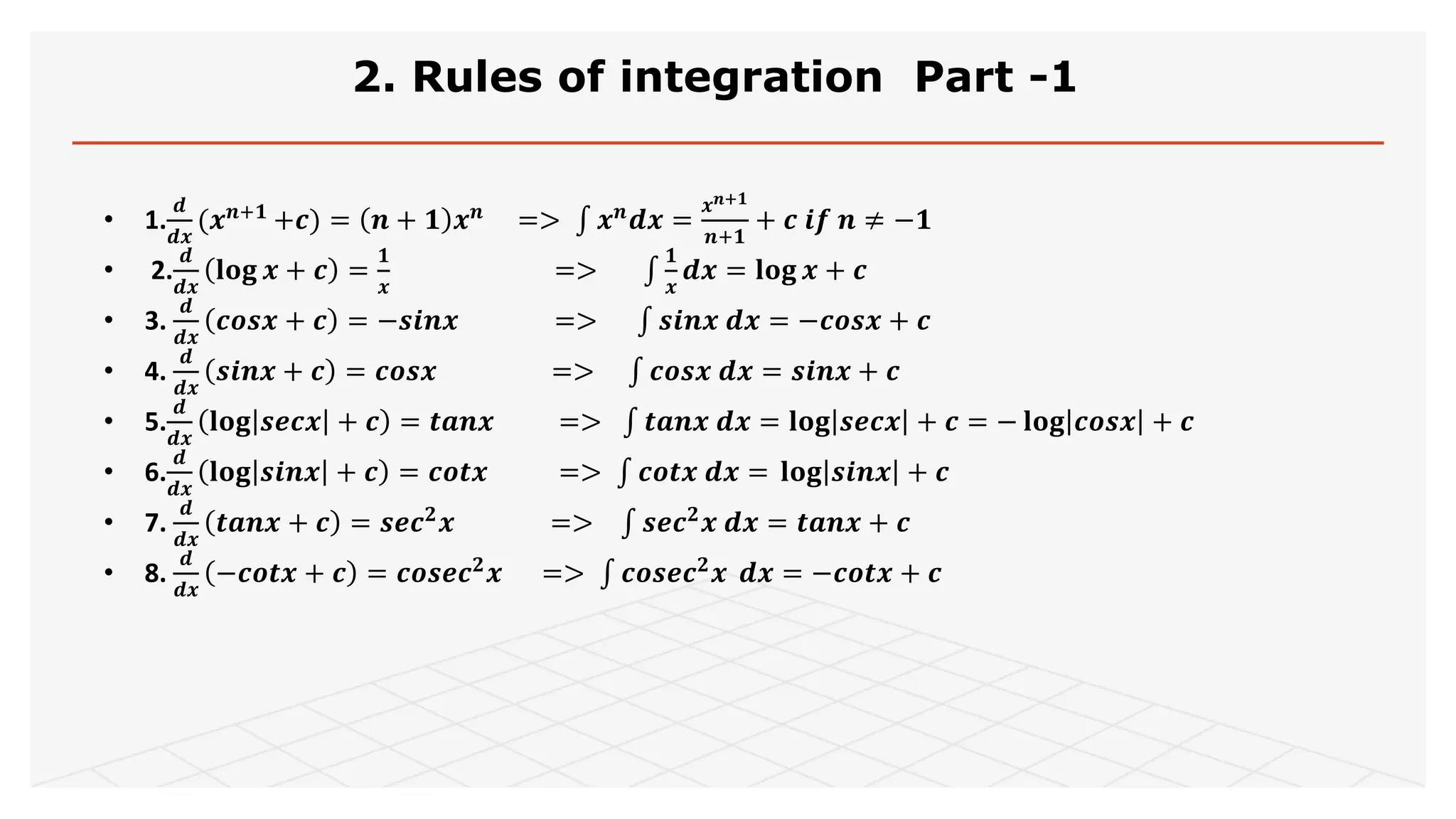 2. Rules of integration Part -1
• 1.
𝒅
𝒅𝒙
(𝒙 𝒏+𝟏
+𝒄) = 𝒏 + 𝟏 𝒙 𝒏
=> 𝒙 𝒏
𝒅𝒙 =
𝒙 𝒏+𝟏
𝒏+𝟏
+ 𝒄 𝒊𝒇 𝒏 ≠ −𝟏
• 2.
𝒅
𝒅𝒙
𝐥𝐨𝐠 𝒙 + 𝒄 =
𝟏
𝒙
=>
𝟏
𝒙
𝒅𝒙 = 𝐥𝐨𝐠 𝒙 + 𝒄
• 3.
𝒅
𝒅𝒙
𝒄𝒐𝒔𝒙 + 𝒄 = −𝒔𝒊𝒏𝒙 => 𝒔𝒊𝒏𝒙 𝒅𝒙 = −𝒄𝒐𝒔𝒙 + 𝒄
• 4.
𝒅
𝒅𝒙
𝒔𝒊𝒏𝒙 + 𝒄 = 𝒄𝒐𝒔𝒙 => 𝒄𝒐𝒔𝒙 𝒅𝒙 = 𝒔𝒊𝒏𝒙 + 𝒄
• 5.
𝒅
𝒅𝒙
𝐥𝐨𝐠 𝒔𝒆𝒄𝒙 + 𝒄 = 𝒕𝒂𝒏𝒙 => 𝒕𝒂𝒏𝒙 𝒅𝒙 = 𝐥𝐨𝐠 𝒔𝒆𝒄𝒙 + 𝒄 = − 𝐥𝐨𝐠 𝒄𝒐𝒔𝒙 + 𝒄
• 6.
𝒅
𝒅𝒙
𝐥𝐨𝐠 𝒔𝒊𝒏𝒙 + 𝒄 = 𝒄𝒐𝒕𝒙 => 𝒄𝒐𝒕𝒙 𝒅𝒙 = 𝐥𝐨𝐠 𝒔𝒊𝒏𝒙 + 𝒄
• 7.
𝒅
𝒅𝒙
𝒕𝒂𝒏𝒙 + 𝒄 = 𝒔𝒆𝒄 𝟐
𝒙 => 𝒔𝒆𝒄 𝟐
𝒙 𝒅𝒙 = 𝒕𝒂𝒏𝒙 + 𝒄
• 8.
𝒅
𝒅𝒙
−𝒄𝒐𝒕𝒙 + 𝒄 = 𝒄𝒐𝒔𝒆𝒄 𝟐
𝒙 => 𝒄𝒐𝒔𝒆𝒄 𝟐
𝒙 𝒅𝒙 = −𝒄𝒐𝒕𝒙 + 𝒄
 