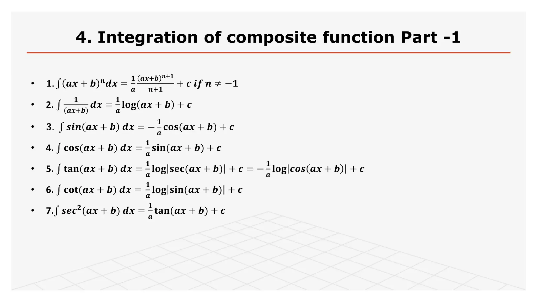 4. Integration of composite function Part -1
• 𝟏. 𝒂𝒙 + 𝒃 𝒏
𝒅𝒙 =
𝟏
𝒂
𝒂𝒙+𝒃 𝒏+𝟏
𝒏+𝟏
+ 𝒄 𝒊𝒇 𝒏 ≠ −𝟏
• 2.
𝟏
𝒂𝒙+𝒃
𝒅𝒙 =
𝟏
𝒂
𝐥𝐨𝐠 𝒂𝒙 + 𝒃 + 𝒄
• 𝟑. 𝒔𝒊𝒏 𝒂𝒙 + 𝒃 𝒅𝒙 = −
𝟏
𝒂
𝐜𝐨𝐬(𝒂𝒙 + 𝒃) + 𝒄
• 4. 𝐜𝐨𝐬(𝒂𝒙 + 𝒃) 𝒅𝒙 =
𝟏
𝒂
𝐬𝐢𝐧(𝒂𝒙 + 𝒃) + 𝒄
• 5. 𝐭𝐚𝐧(𝒂𝒙 + 𝒃) 𝒅𝒙 =
𝟏
𝒂
𝐥𝐨𝐠 𝐬𝐞𝐜(𝒂𝒙 + 𝒃) + 𝒄 = −
𝟏
𝒂
𝐥𝐨𝐠 𝒄𝒐𝒔 𝒂𝒙 + 𝒃 + 𝒄
• 6. 𝐜𝐨𝐭(𝒂𝒙 + 𝒃) 𝒅𝒙 =
𝟏
𝒂
𝐥𝐨𝐠 𝐬𝐢𝐧(𝒂𝒙 + 𝒃) + 𝒄
• 7. 𝒔𝒆𝒄 𝟐
(𝒂𝒙 + 𝒃) 𝒅𝒙 =
𝟏
𝒂
𝐭𝐚𝐧(𝒂𝒙 + 𝒃) + 𝒄
 